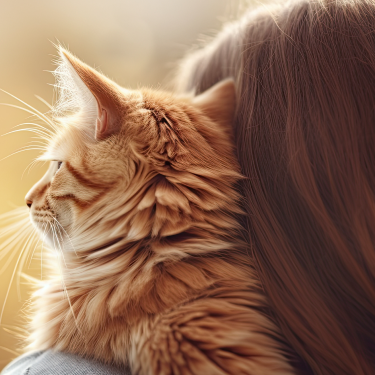 PRO PLAN red cat on girls shoulder
